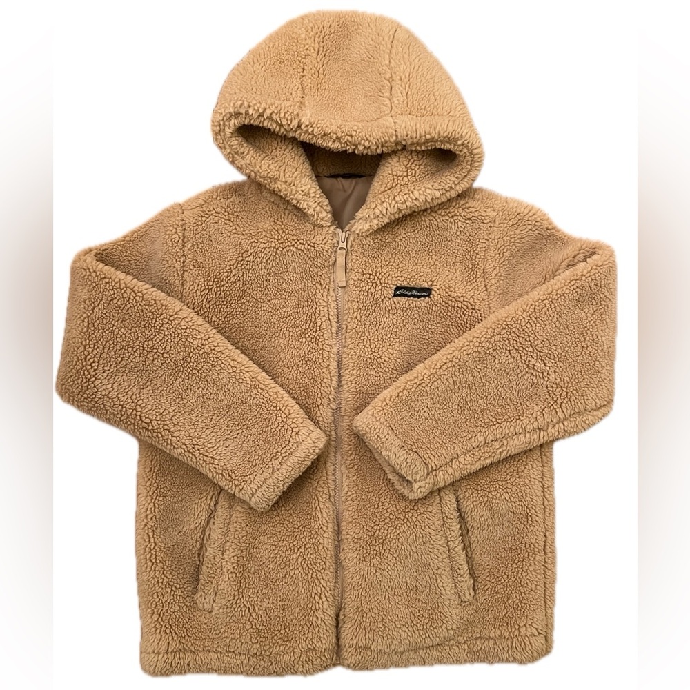 EDDIE BAUER Tan Fleece Teddy Coat with Hood Size Girls XL/Women S